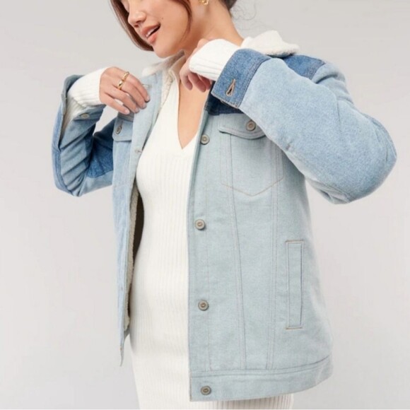 Hollister Patchwork Sherpa Lined Denim Jean Jacket Button Down Size L - Picture 12 of 13
